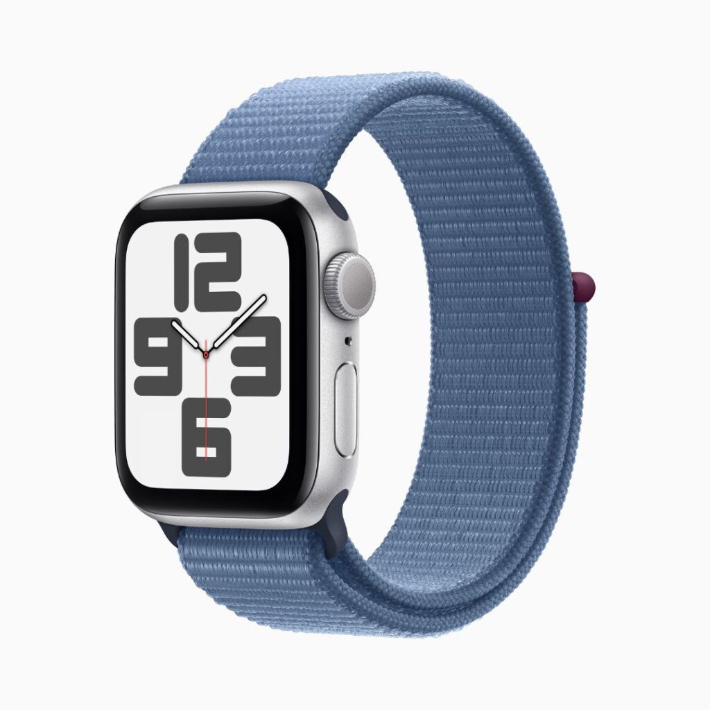 Apple Watch SE GPS • Caixa prateada de alumínio – 40 mm • Pulseira loop esportiva azul-inverno