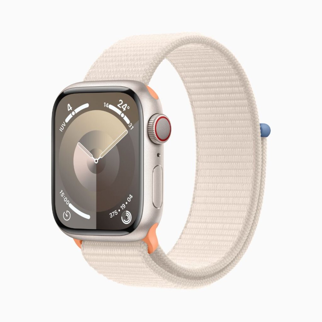 Apple Watch Series 9 GPS + Cellular • Caixa estelar de alumínio – 41 mm • Pulseira loop esportiva estelar