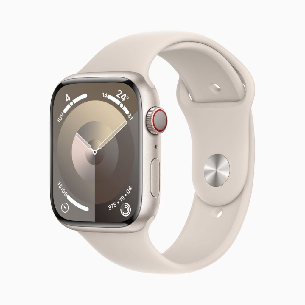 Apple Watch Series 9 GPS + Cellular • Caixa estelar de alumínio – 45 mm • Pulseira esportiva estelar – M_G