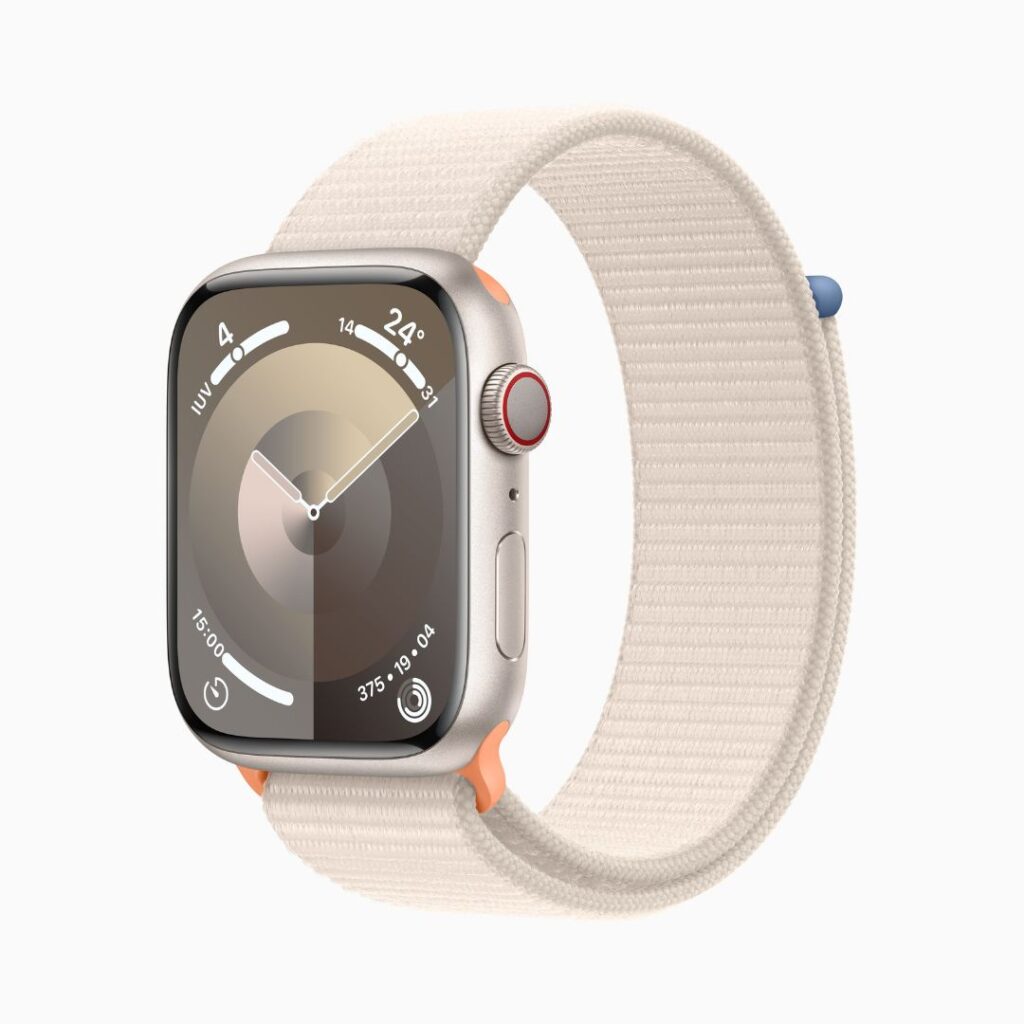 Apple Watch Series 9 GPS + Cellular • Caixa estelar de alumínio – 45 mm • Pulseira loop esportiva estelar