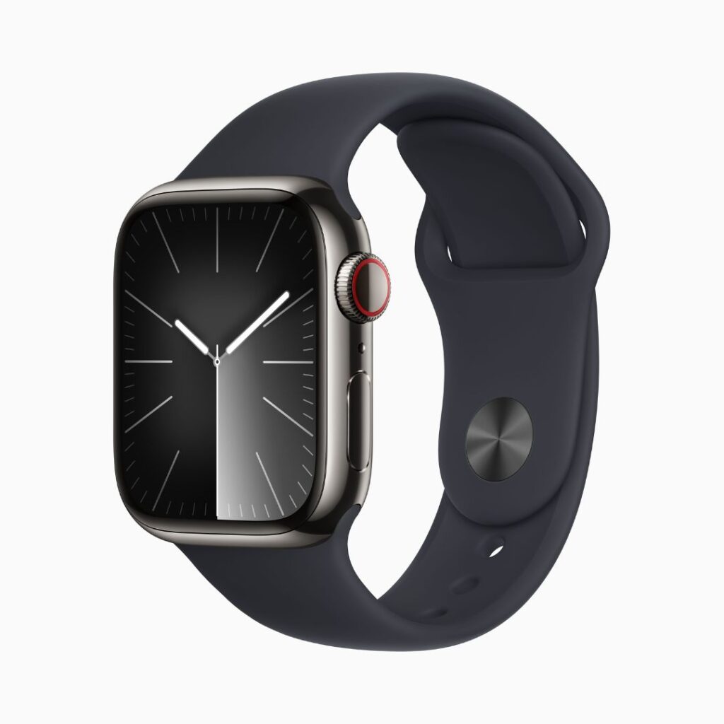 Apple Watch Series 9 GPS + Cellular • Caixa grafite de aço inoxidável – 41 mm • Pulseira esportiva meia-noite – P_M