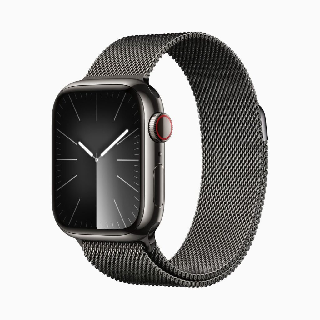 Apple Watch Series 9 GPS + Cellular • Caixa grafite de aço inoxidável – 41 mm • Pulseira grafite estilo milanês