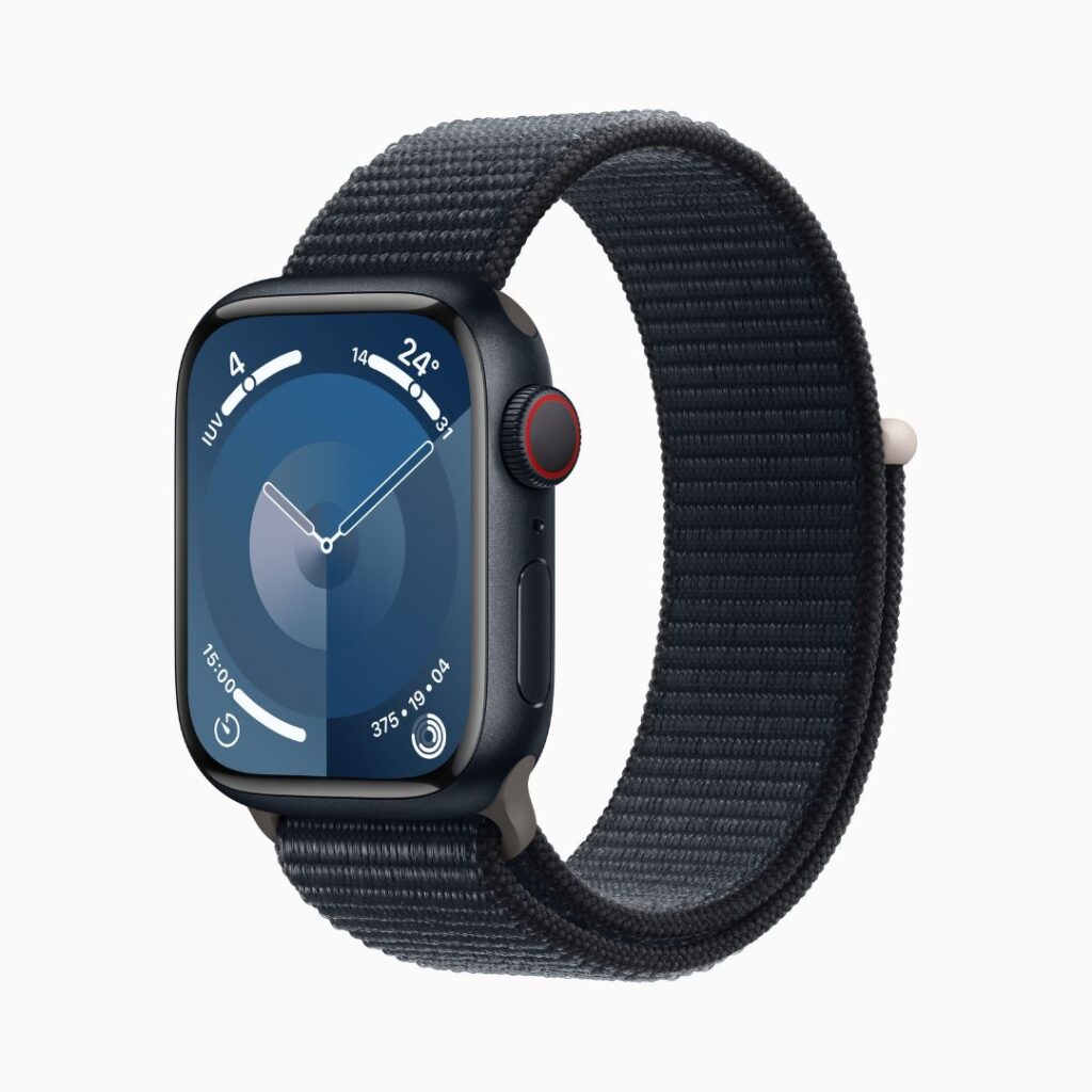 Apple Watch Series 9 GPS + Cellular • Caixa meia-noite de alumínio – 41 mm • Pulseira loop esportiva meia-noite