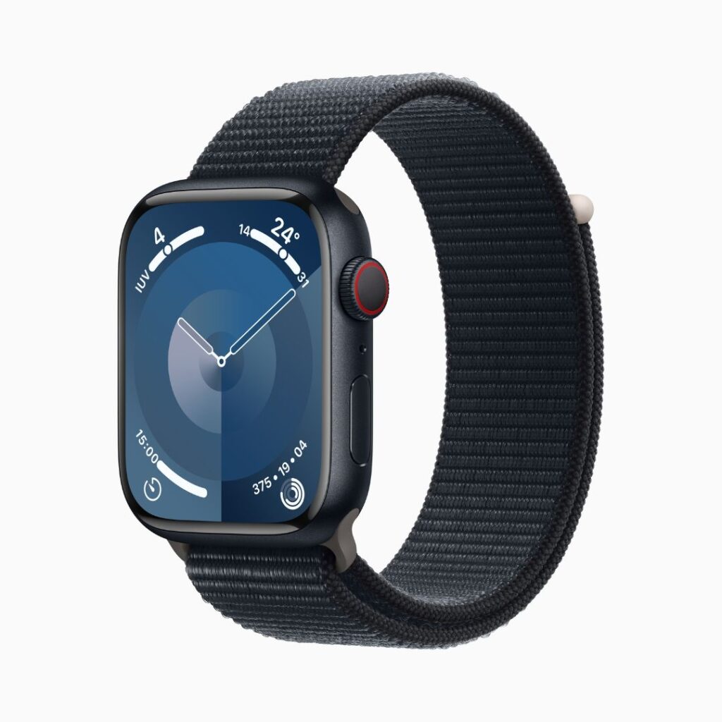 Apple Watch Series 9 GPS + Cellular • Caixa meia-noite de alumínio – 45 mm • Pulseira loop esportiva meia-noite