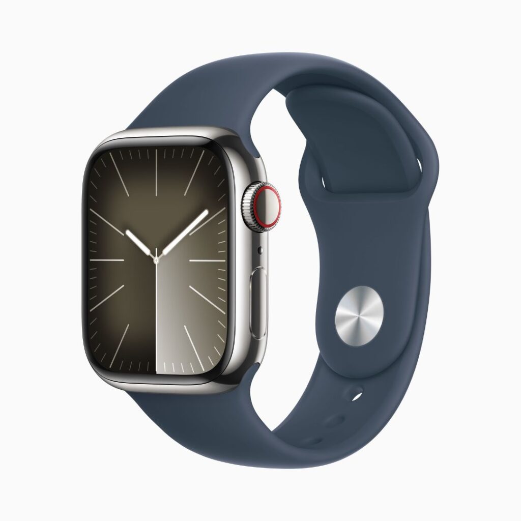 Apple Watch Series 9 GPS + Cellular • Caixa prateada de aço inoxidável – 41 mm • Pulseira esportiva azul-tempestade – P_M