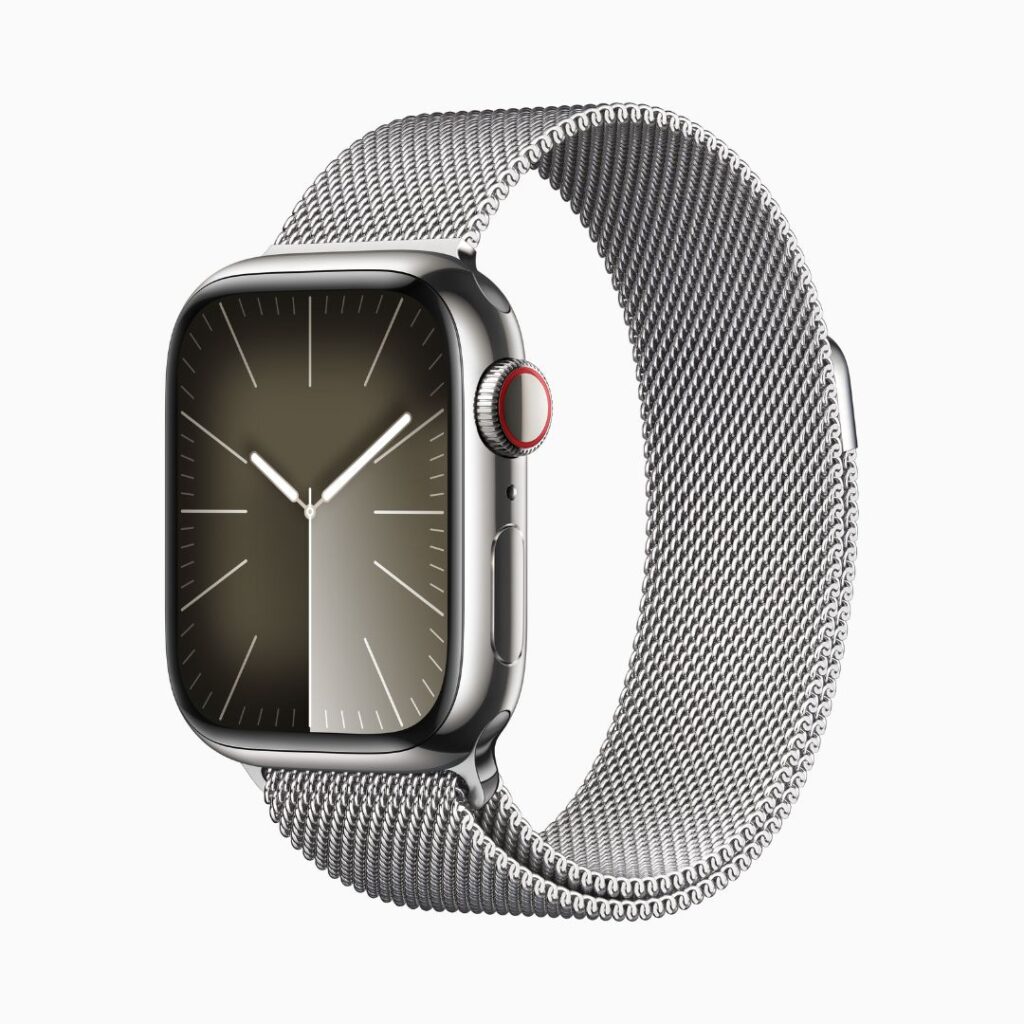 Apple Watch Series 9 GPS + Cellular • Caixa prateada de aço inoxidável – 41 mm • Pulseira prateada estilo milanês