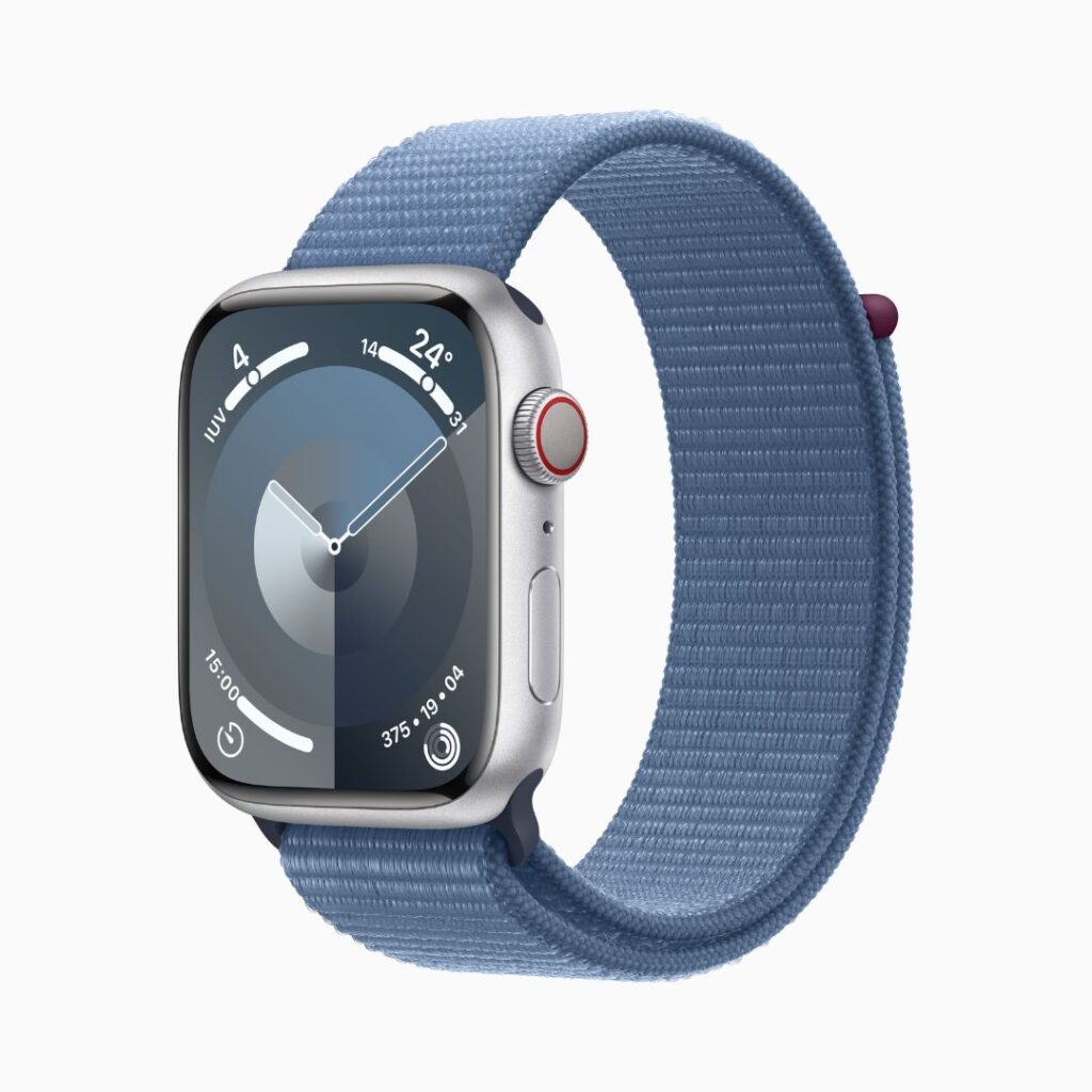 Apple Watch Series 9 GPS + Cellular • Caixa prateada de alumínio – 45 mm • Pulseira loop esportiva azul-inverno