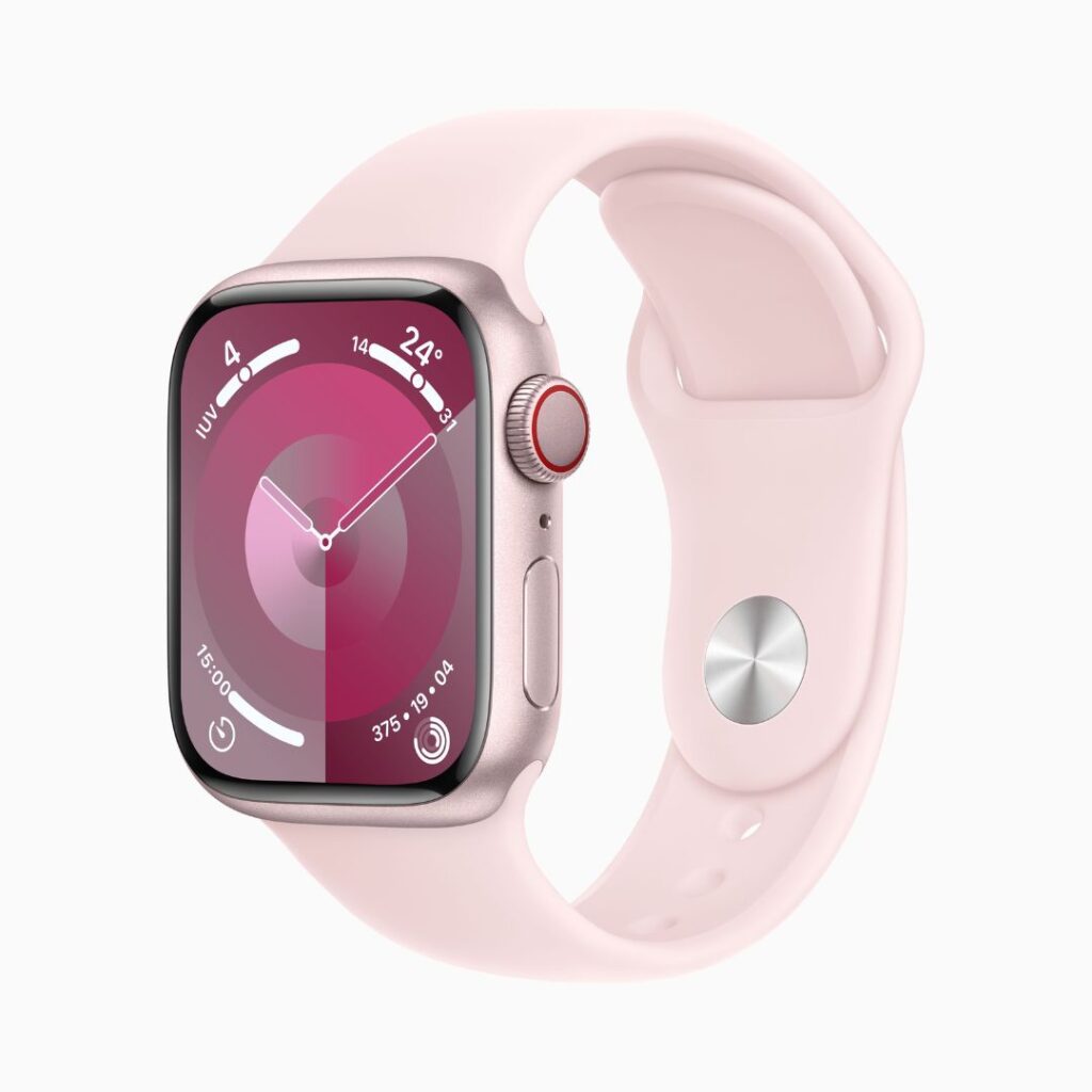 Apple Watch Series 9 GPS + Cellular • Caixa rosa de alumínio – 41 mm • Pulseira esportiva rosa-clara – P_M