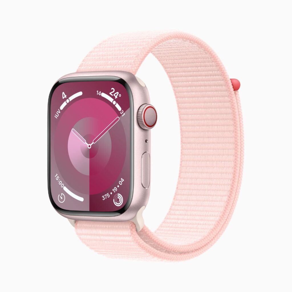 Apple Watch Series 9 GPS + Cellular • Caixa rosa de alumínio – 45 mm • Pulseira loop esportiva rosa-clara