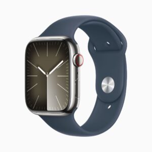 Apple Watch Series 9 Wi‑Fi 4 Bluetooth 5.3 • Caixa prateada de aço inoxidável – 45 mm • Pulseira esportiva azul-tempestade