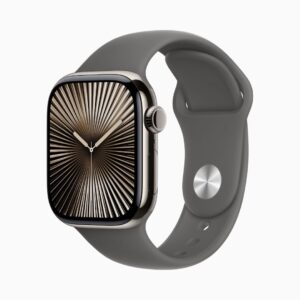 Apple Watch Series 10 GPS + Cellular • Caixa natural de titânio – 42 mm • Pulseira esportiva cinza-pedra – P/M