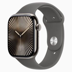 Apple Watch Series 10 GPS + Cellular • Caixa natural de titânio – 46 mm • Pulseira esportiva cinza-pedra – M/G