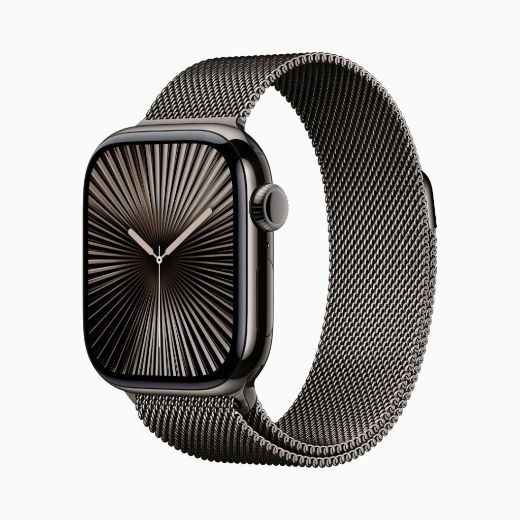 Apple Watch Series 10 GPS + Cellular • Caixa ardósia de titânio – 42 mm • Pulseira ardósia estilo milanês