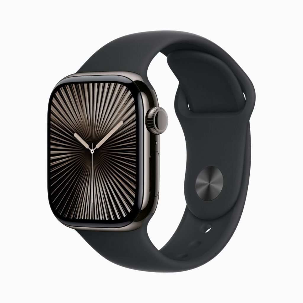 Apple Watch Series 10 GPS + Cellular • Caixa ardósia de titânio – 42 mm • Pulseira esportiva preta – P_M