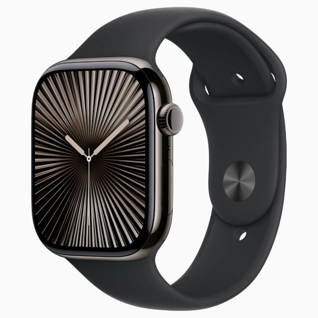 Apple Watch Series 10 GPS + Cellular • Caixa ardósia de titânio – 46 mm • Pulseira esportiva preta – M_G