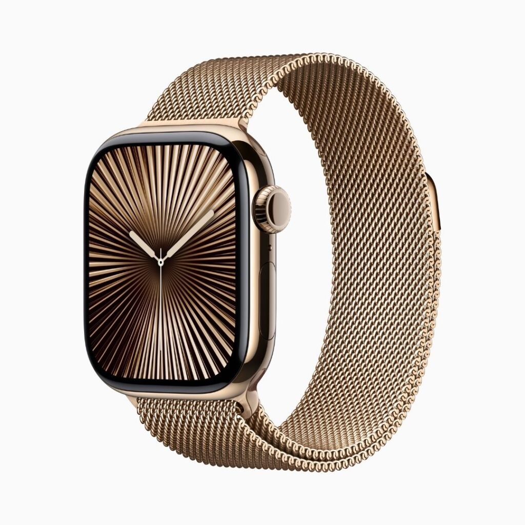 Apple Watch Series 10 GPS + Cellular • Caixa dourada de titânio – 42 mm • Pulseira dourada estilo milanês