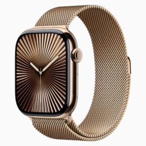 Apple Watch Series 10 GPS + Cellular • Caixa dourada de titânio – 46 mm • Pulseira dourada estilo milanês – M/G