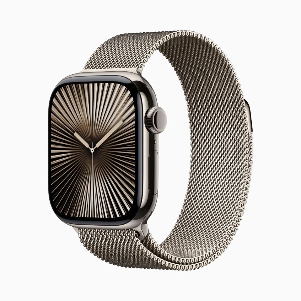 Apple Watch Series 10 GPS + Cellular • Caixa natural de titânio – 42 mm • Pulseira natural estilo milanês