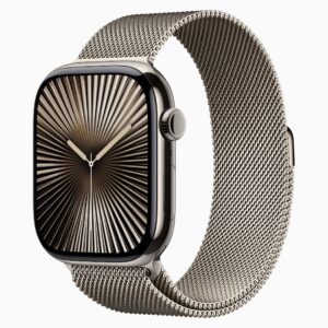 Apple Watch Series 10 GPS + Cellular • Caixa natural de titânio – 46 mm • Pulseira natural estilo milanês – M/G