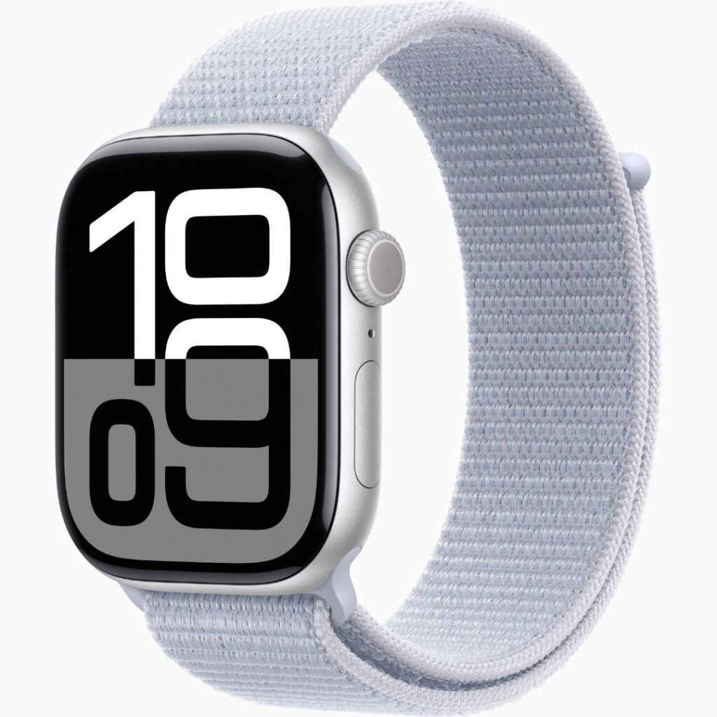 Apple Watch Series 10 GPS • Caixa prateada de alumínio – 46 mm • Pulseira loop esportiva nuvem azul