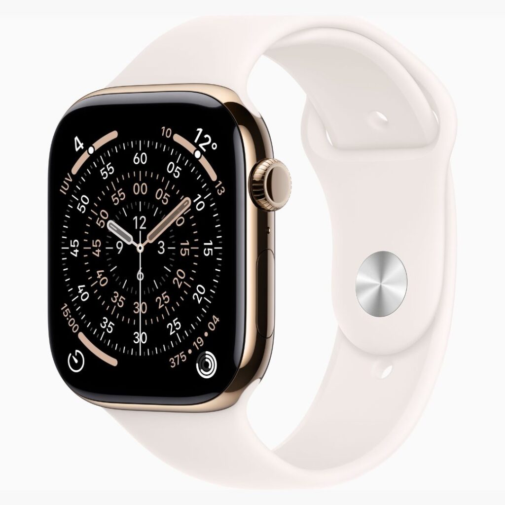 Apple Watch Series 11 GPS + Cellular • Caixa dourada de titânio – 46 mm • Pulseira esportiva blush-clara