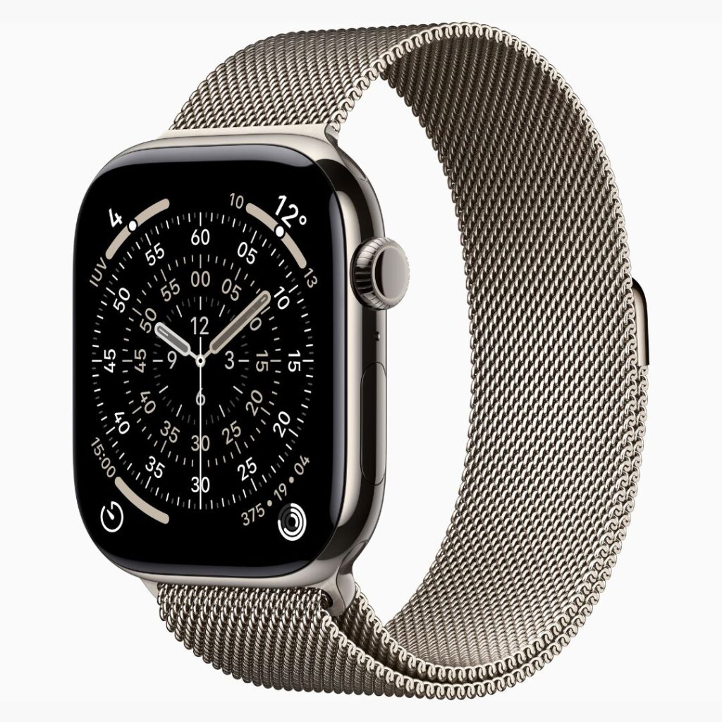Apple Watch Series 11 GPS + Cellular • Caixa natural de titânio – 46 mm • Pulseira natural estilo milanês