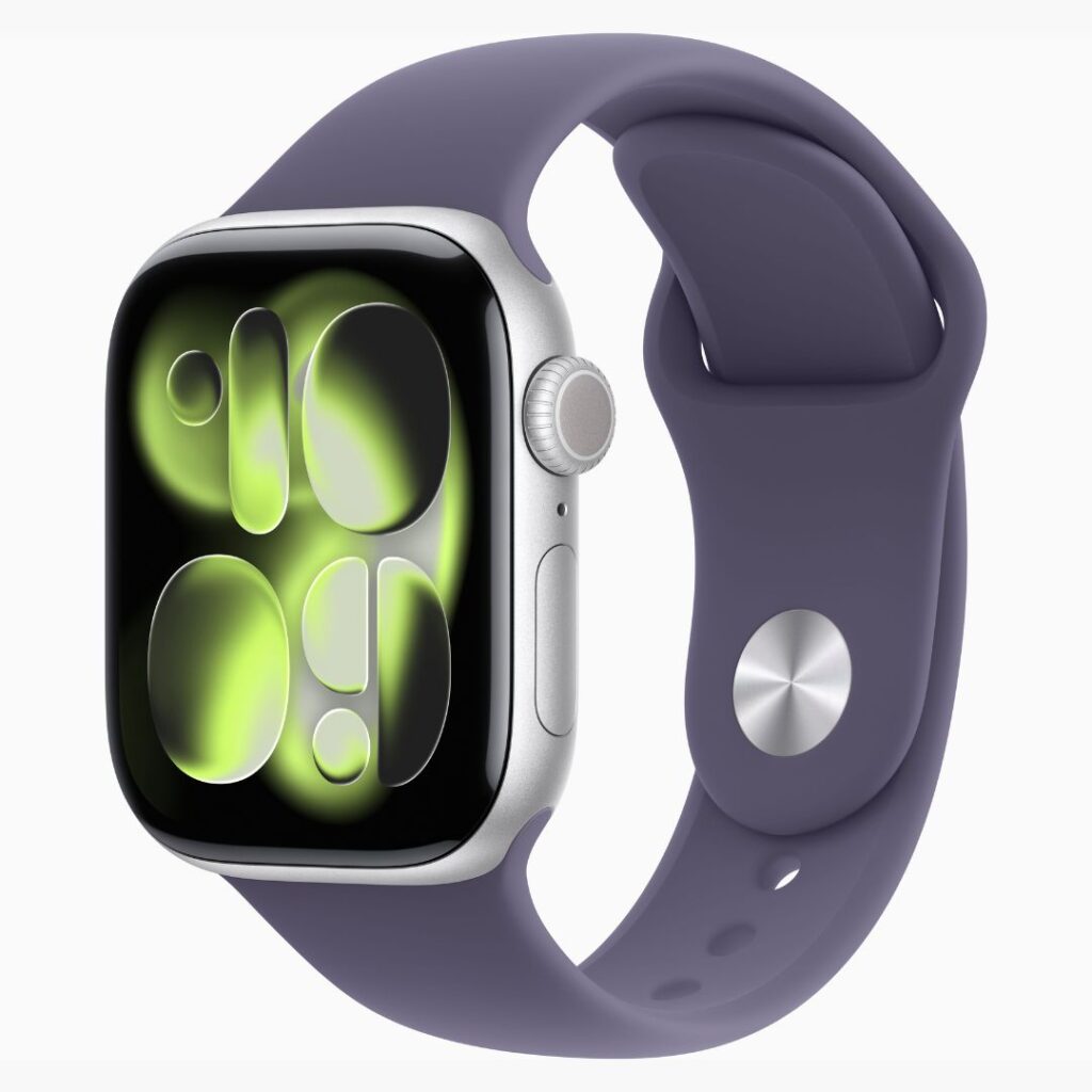 Apple Watch Series 11 GPS • Caixa prateada de alumínio – 46 mm • Pulseira esportiva roxo-névoa