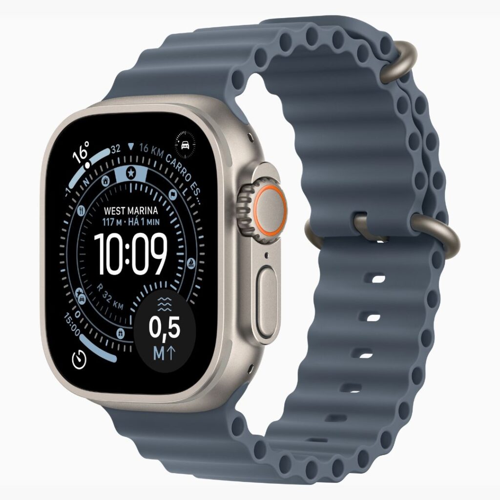 Apple Watch Ultra 3 GPS + Cellular • Caixa natural de titânio de 49 mm • Pulseira Oceano azul-âncora