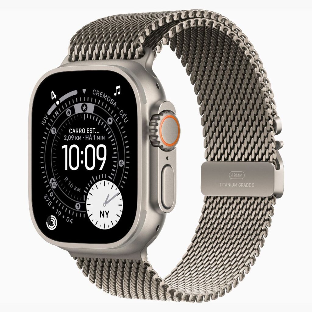 Apple Watch Ultra 3 GPS + Cellular • Caixa natural de titânio de 49 mm • Pulseira natural estilo milanês de titânio – G