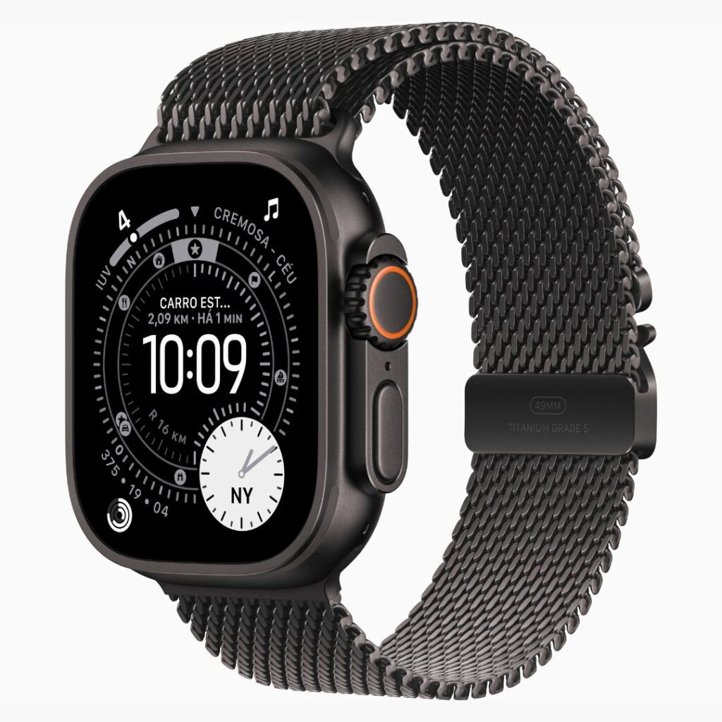 Apple Watch Ultra 3 GPS + Cellular • Caixa preta de titânio de 49 mm • Pulseira preta estilo milanês de titânio